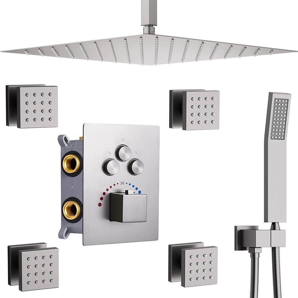 16 Inch Square Rainfall Shower System Set with 4 Body Spray Jets and Handshower D5009
