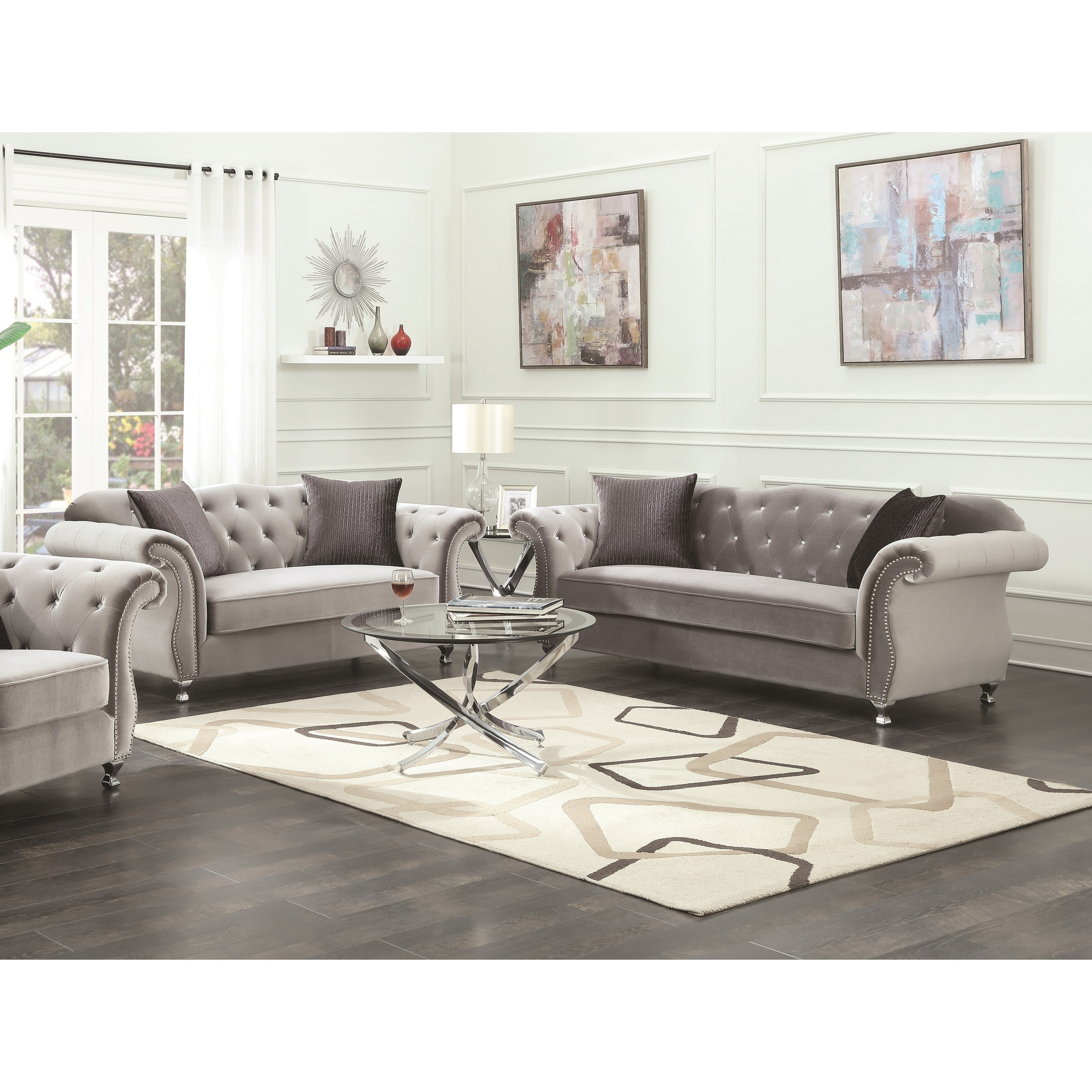 Silver Upholstered Tufted Living Room Set U463469