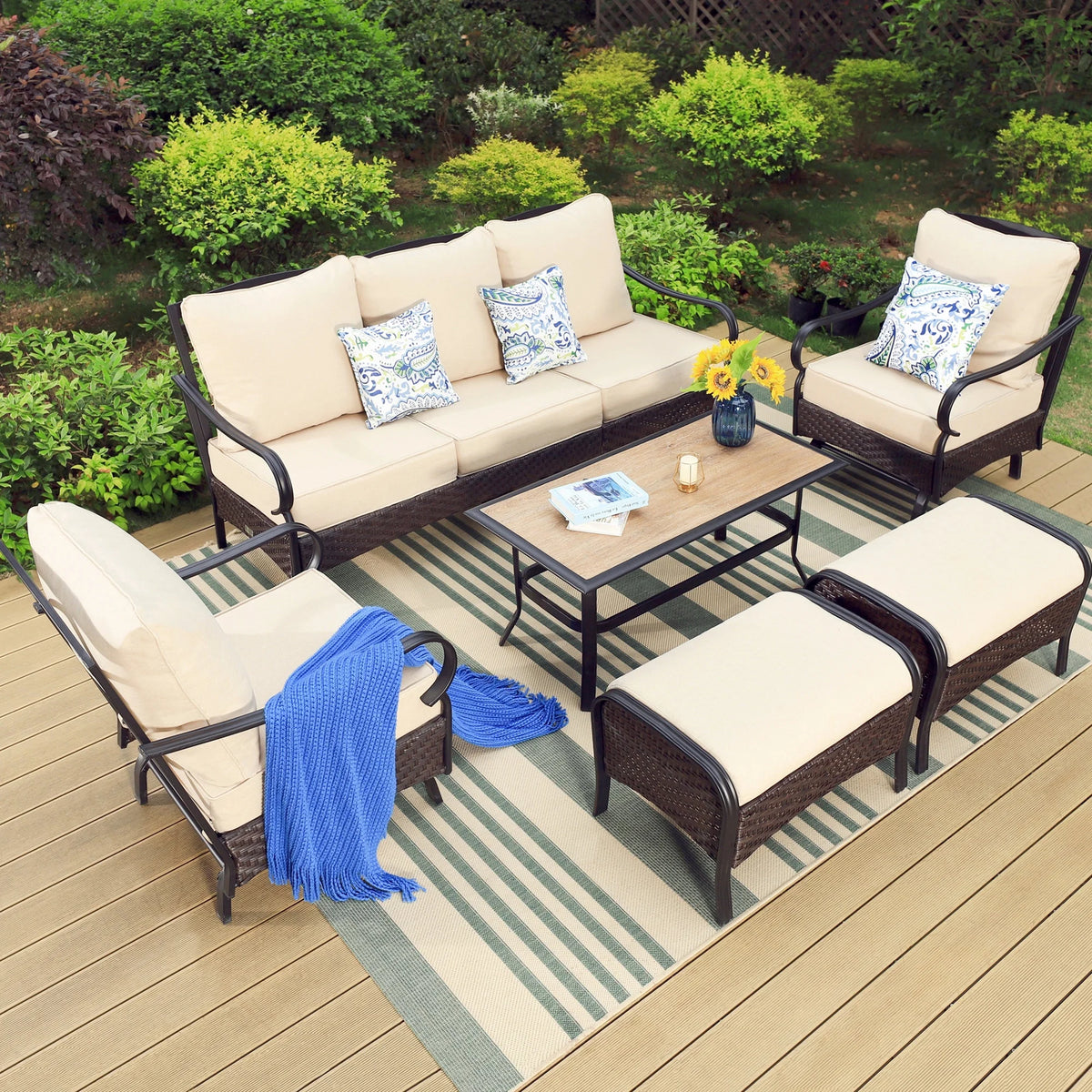 7-Seat Patio Conversation Set with 3-Seat Sofa, Rocking Chairs, Ottomans & Table, Black & Beige U129701
