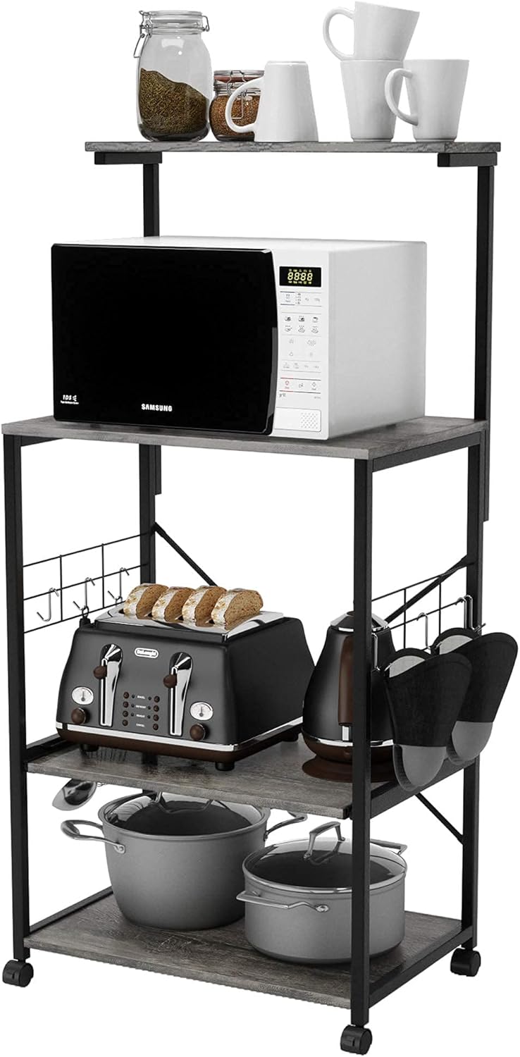 Rustic Brown 4 Tier Kitchen Baker's Rack with Storage Shelf and 10 Side Hooks L10771