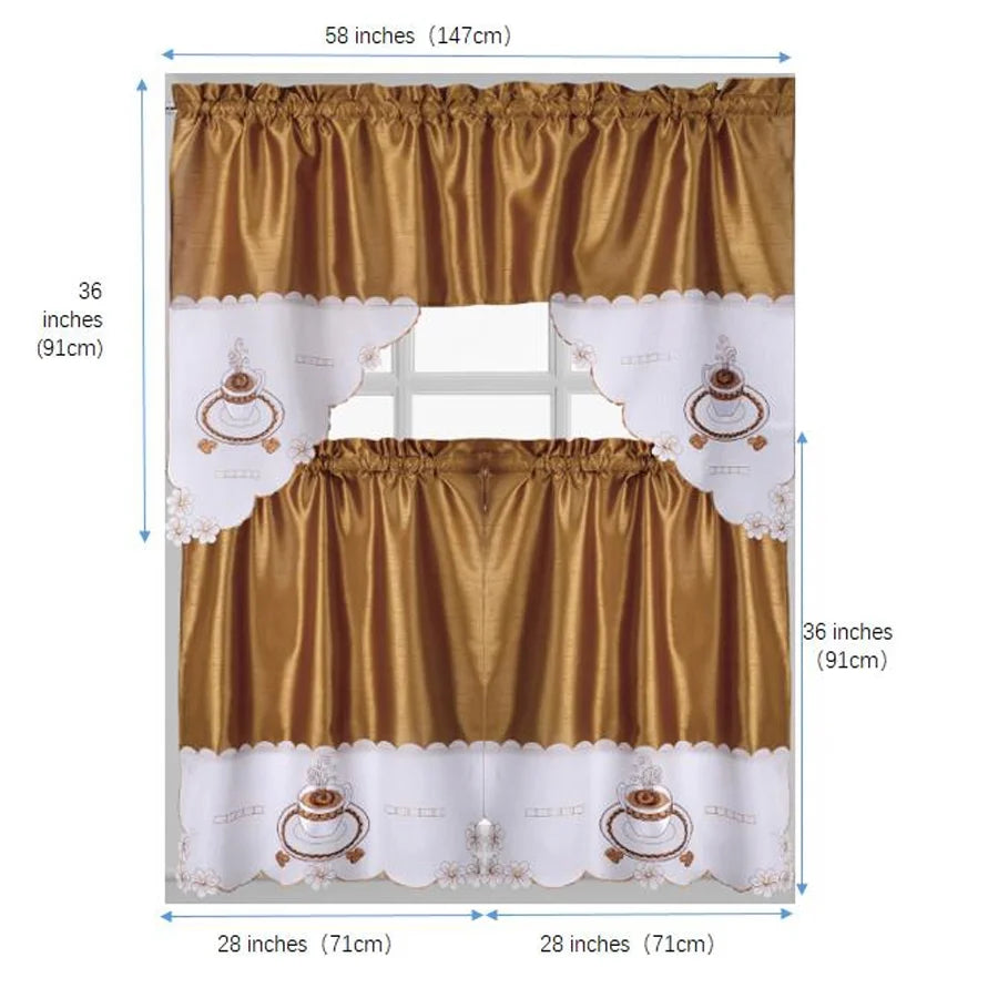 Gold Embroidered 3-Piece Kitchen Curtain Tiers & Swag Set, 58x36 & 28x36 inches T89259