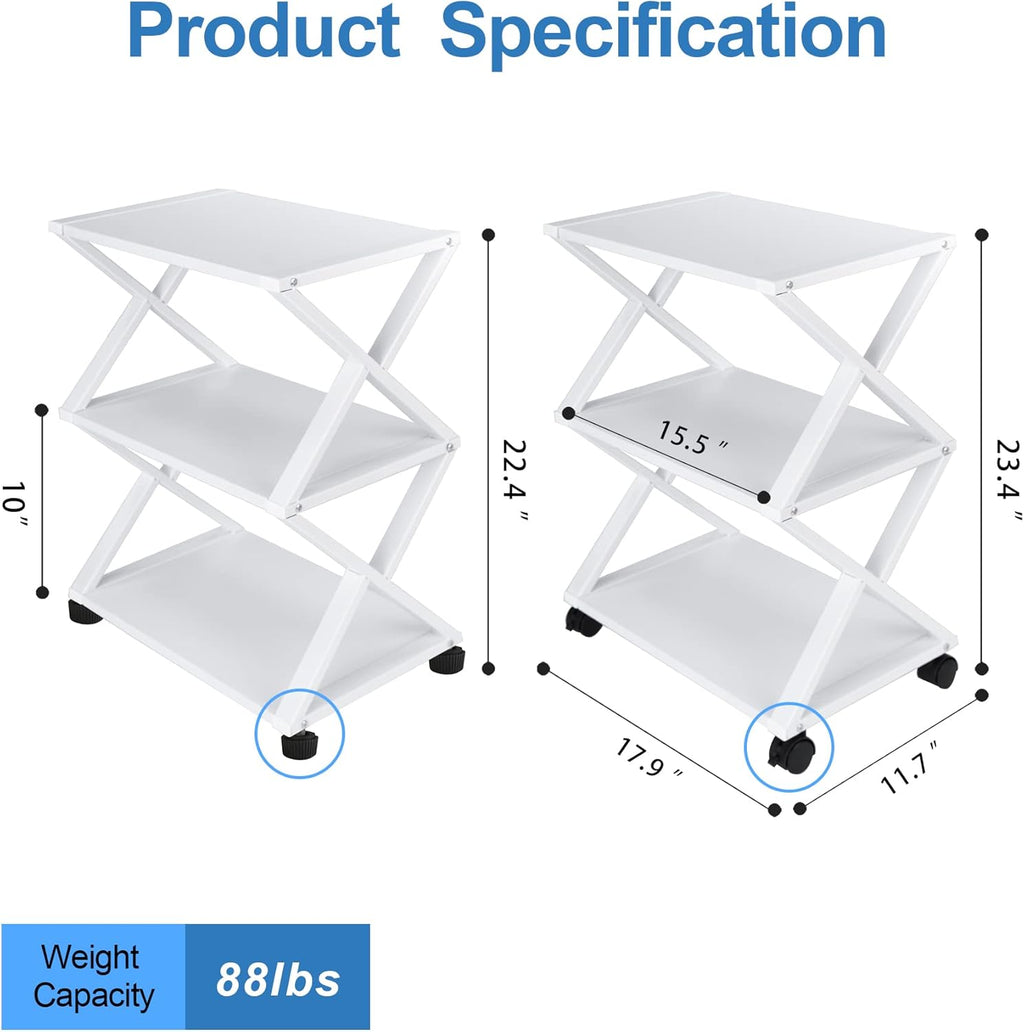 White 3 Tiers Printer Stand Cart with Storage Shelf on Wheels H612710