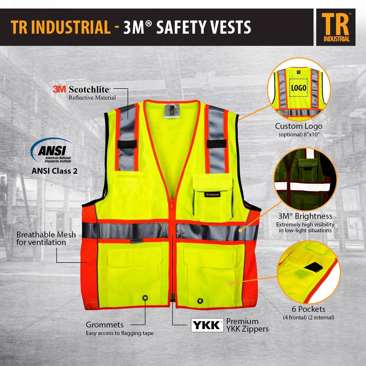 3M Safety Vest with Pockets and Zipper, Class 2 F356