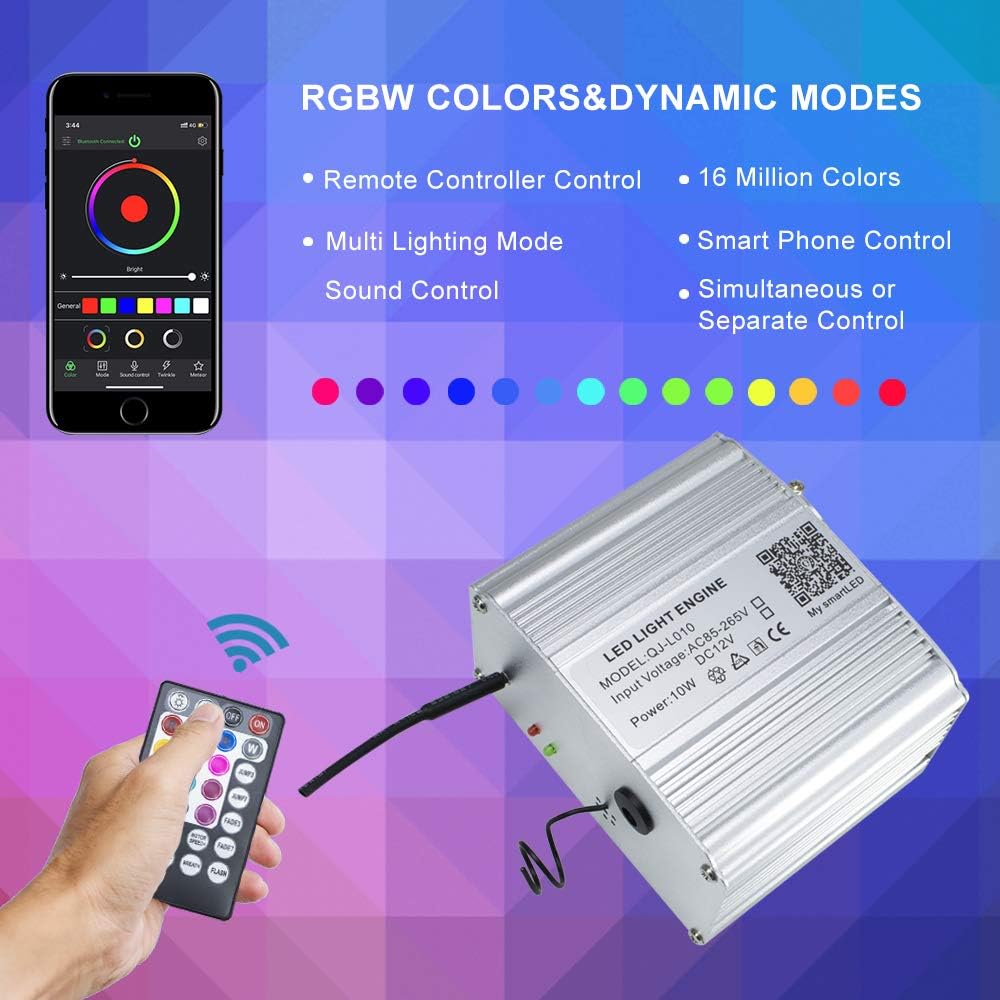 10W Fiber Optic Light Star Ceiling Kit with Bluetooth APP Control LED RGBW Engine Driver, 380pcs Fiber Optical Cables 9.8ft/3m J4907