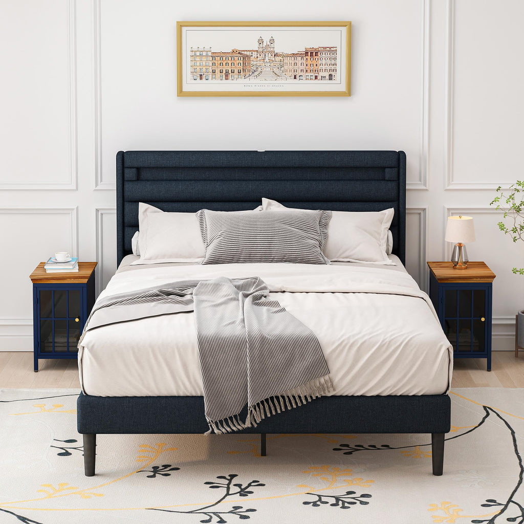 Nightstand with Storage Cabinet & Solid Wood Tabletop, Dark Blue E13761