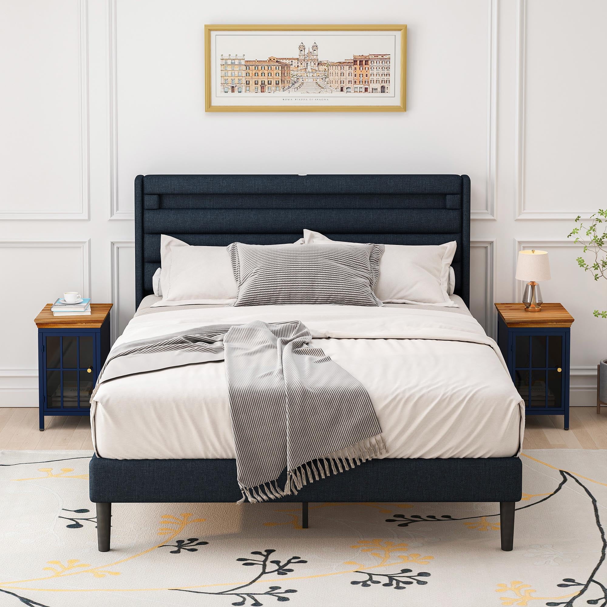 Nightstand with Storage Cabinet & Solid Wood Tabletop, Dark Blue E13761