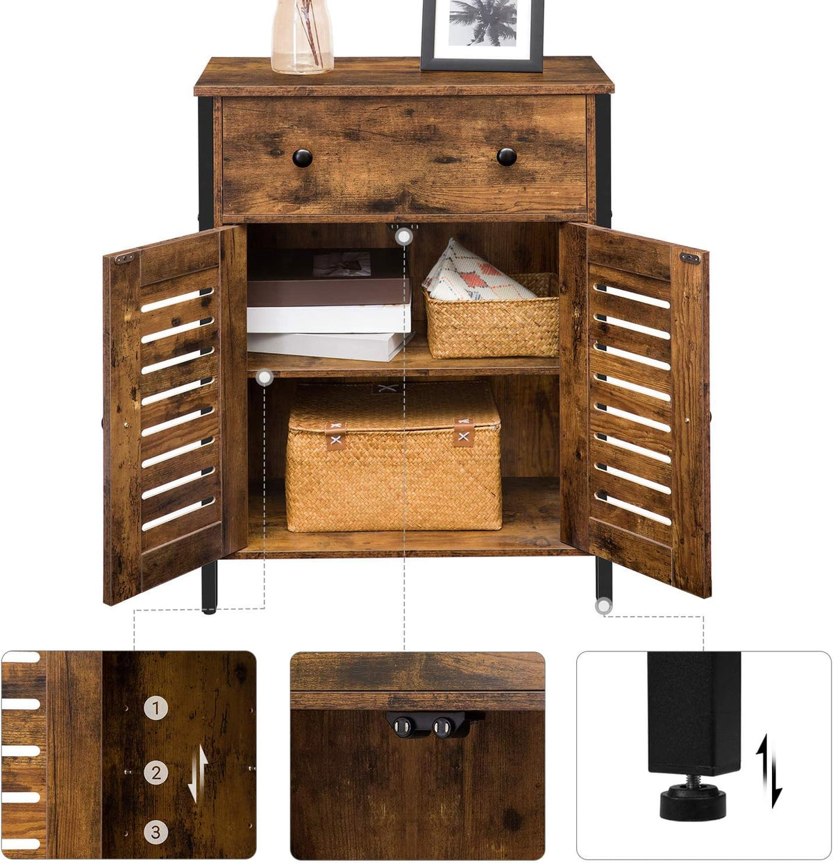 Rustic Brown Kitchen Sideboard Floor Storage Cabinet with Drawers and Height-Adjustable Shelves Z307