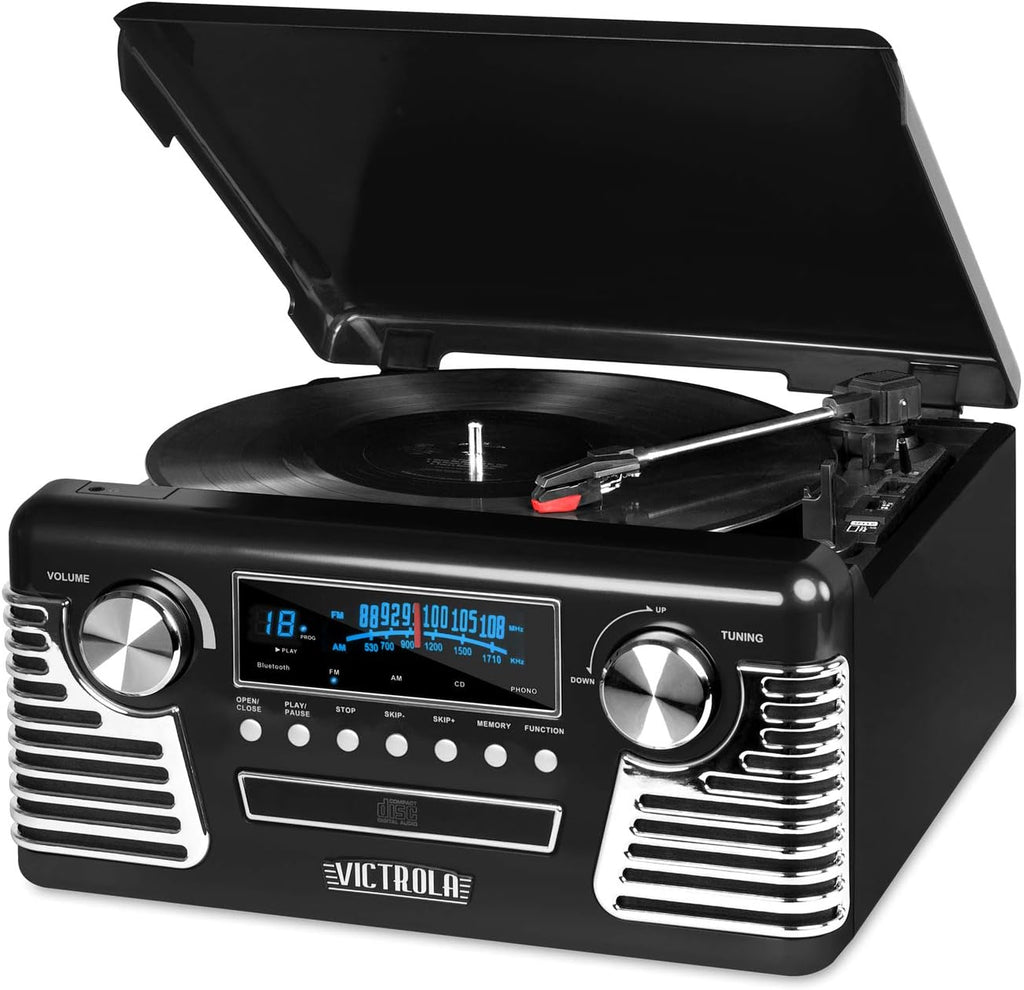 Retro Bluetooth Record Player with Built-in Speakers, 3-Speed Turntable, CD Player, AM/FM Radio, Black I16830