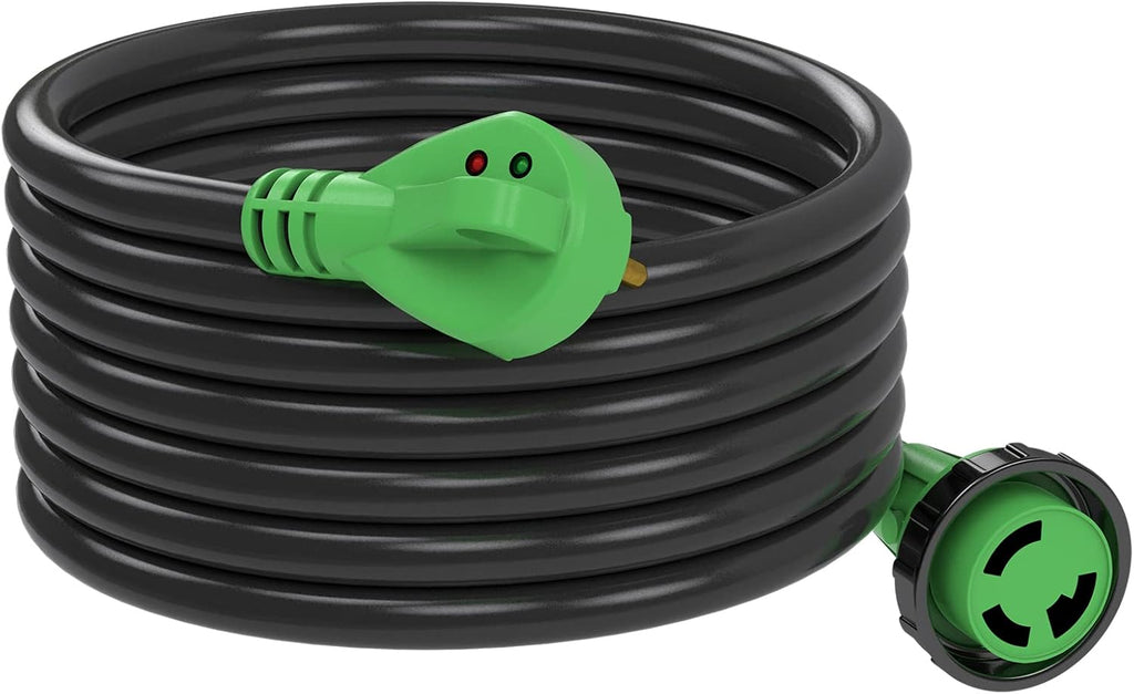 RV Detachable Power Cord 30A 50FT with Polarity LED Indicator, TT-30P Male to L5-30R Locking Female, Storage Bag and Plastic Strap V543
