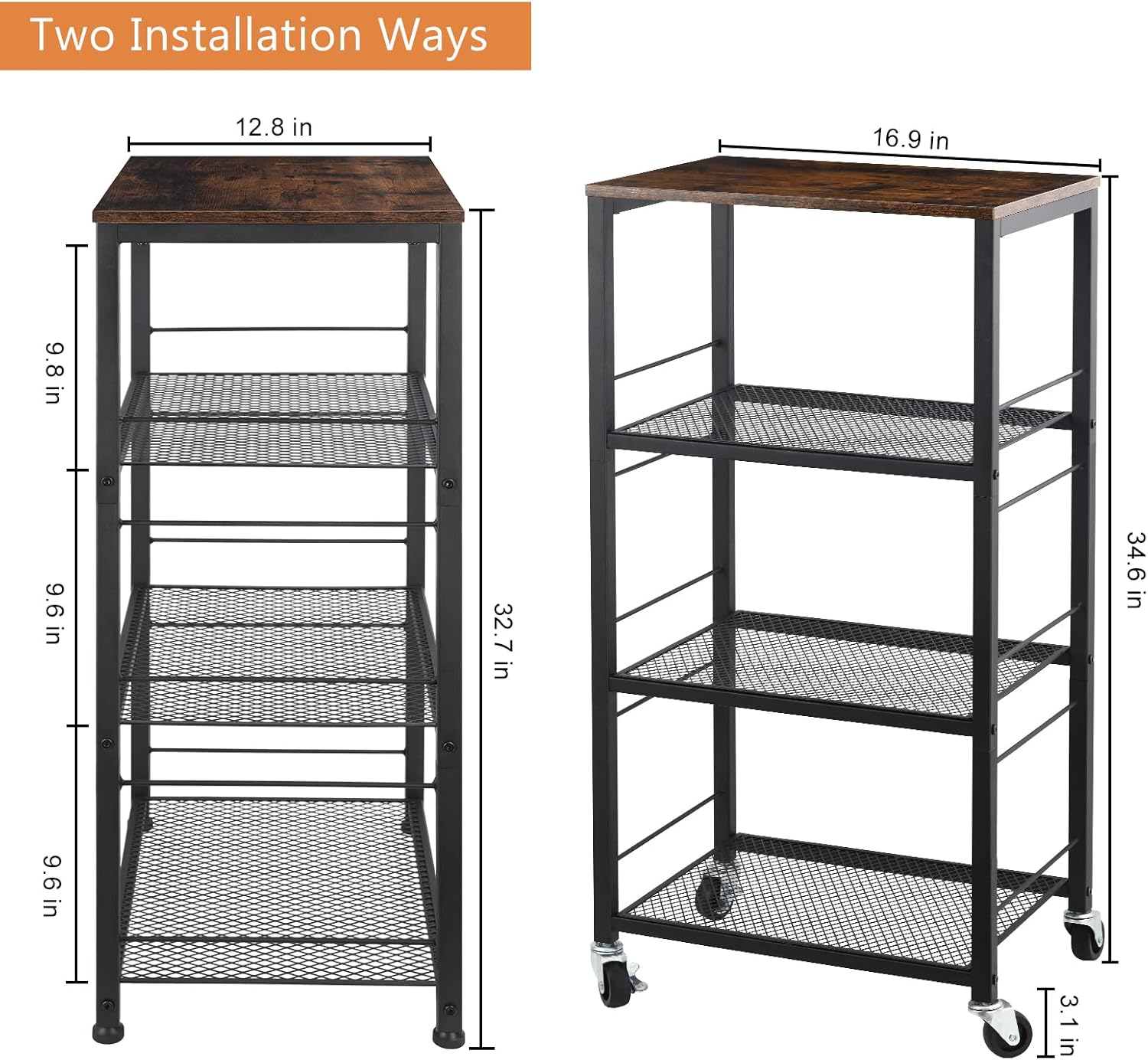 Rustic Brown 4-Tier Rolling Utility Cart with Storage Shelves Z819499