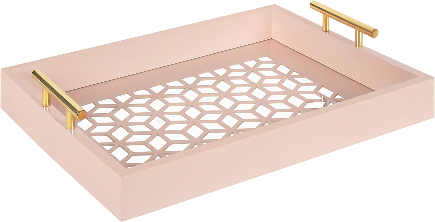 Pink and Gold Decorative Tray with Metal Handles V754066