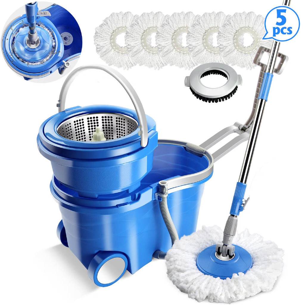 Spin Mop and Bucket System with Wringer, 5 Microfiber Mop Heads J362787