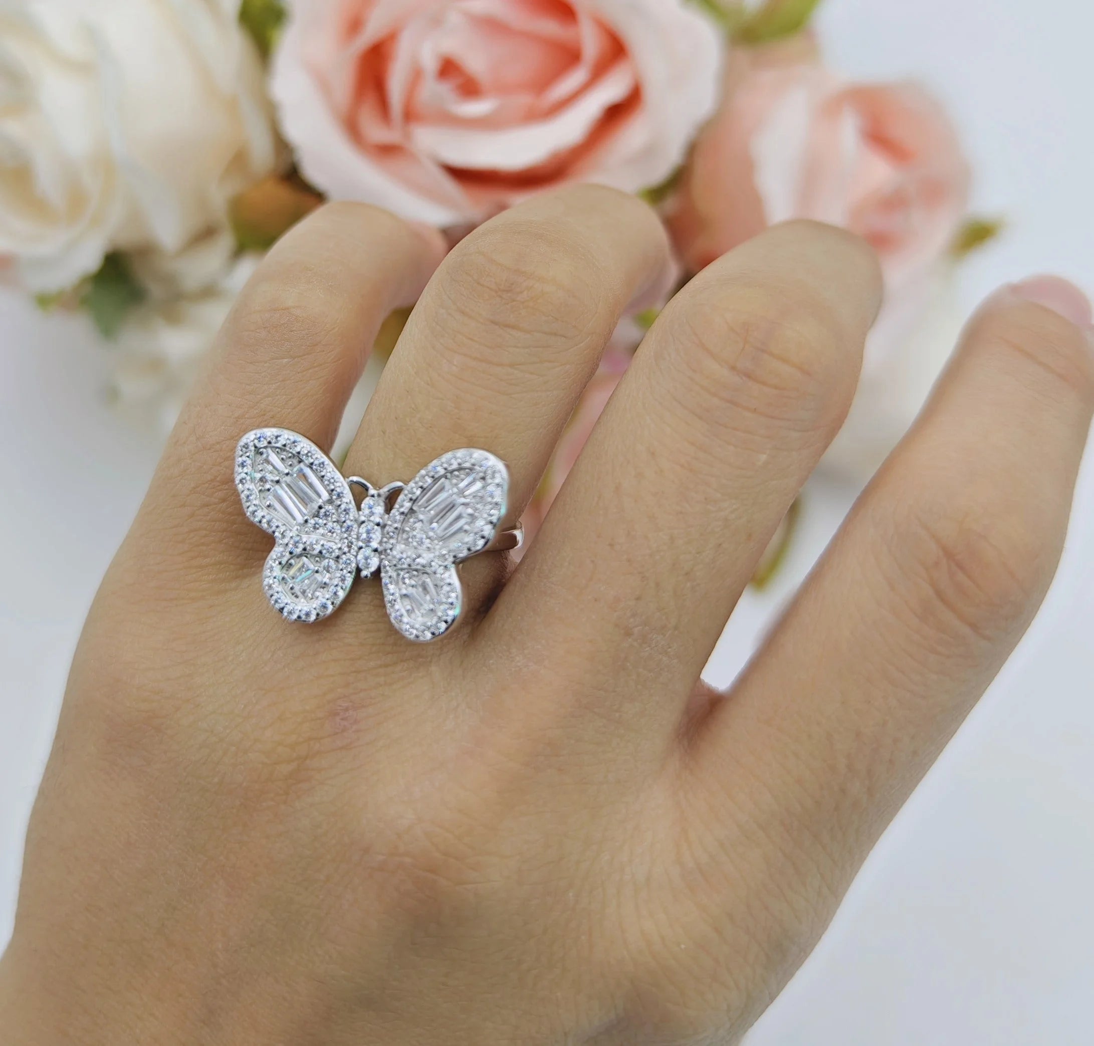Cluster Butterfly Ring Baguette Cubic Zirconia White Tone 925 Sterling Silver B319