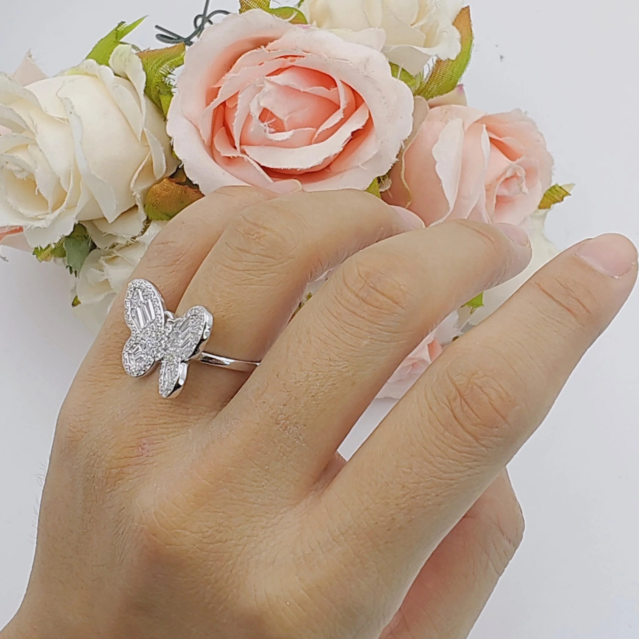 Cluster Butterfly Ring Baguette Cubic Zirconia White Tone 925 Sterling Silver B319