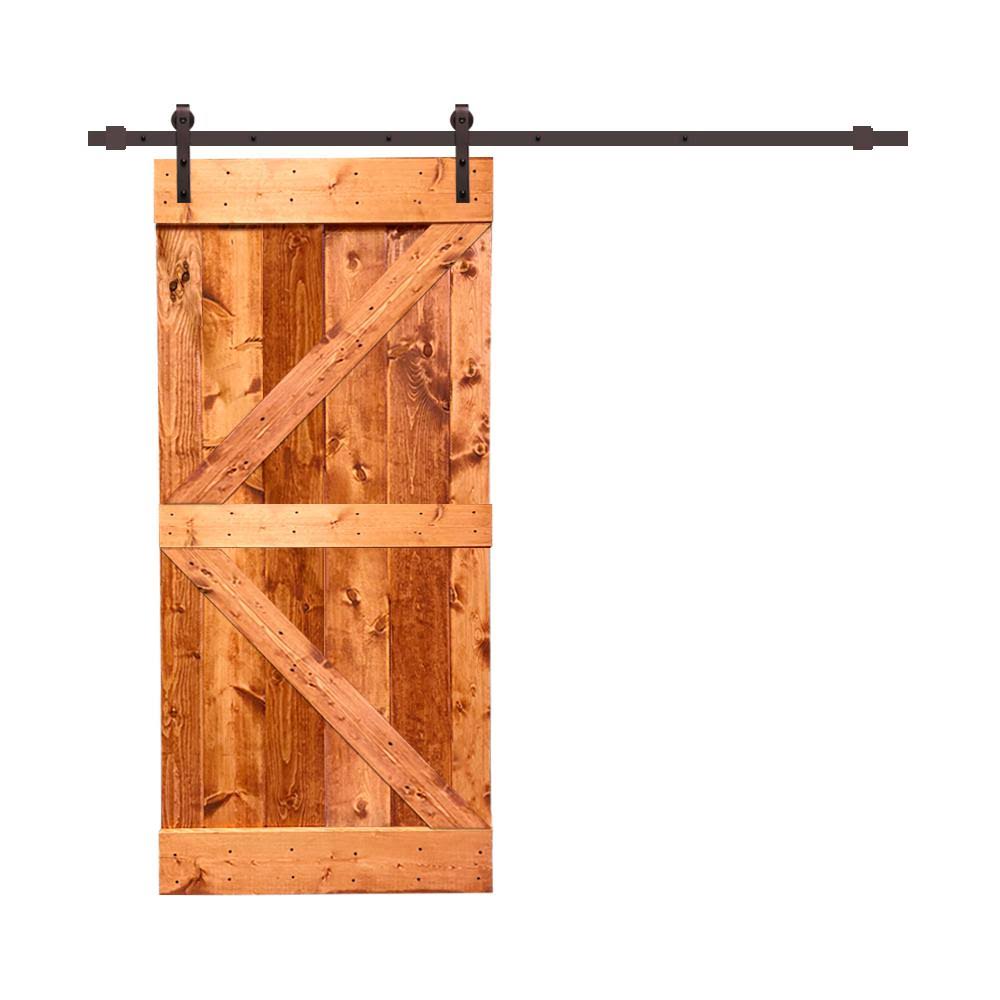 Red Walnut Stained Pine Wood Interior Sliding Barn Door with Hardware Kit R5013