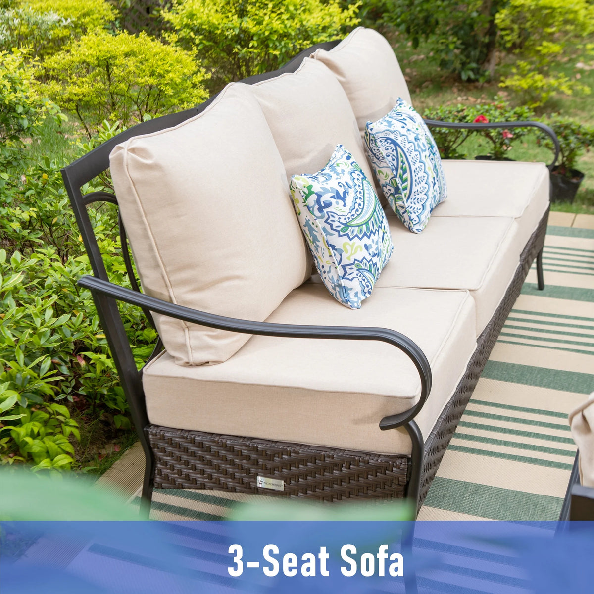 7-Seat Patio Conversation Set with 3-Seat Sofa, Rocking Chairs, Ottomans & Table, Black & Beige U129701