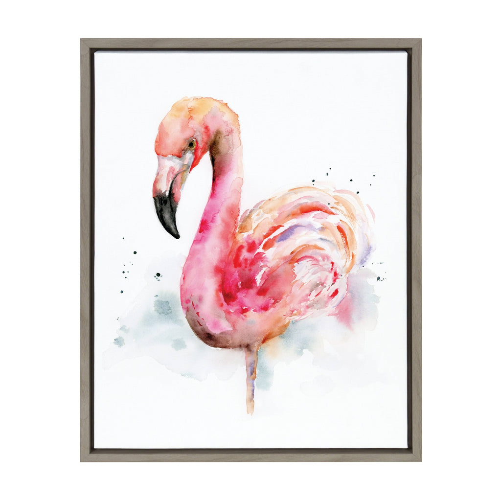 Pink and Coral Flamingo Framed Watercolor Print on Canvas, Gray 18 x 24 J95041
