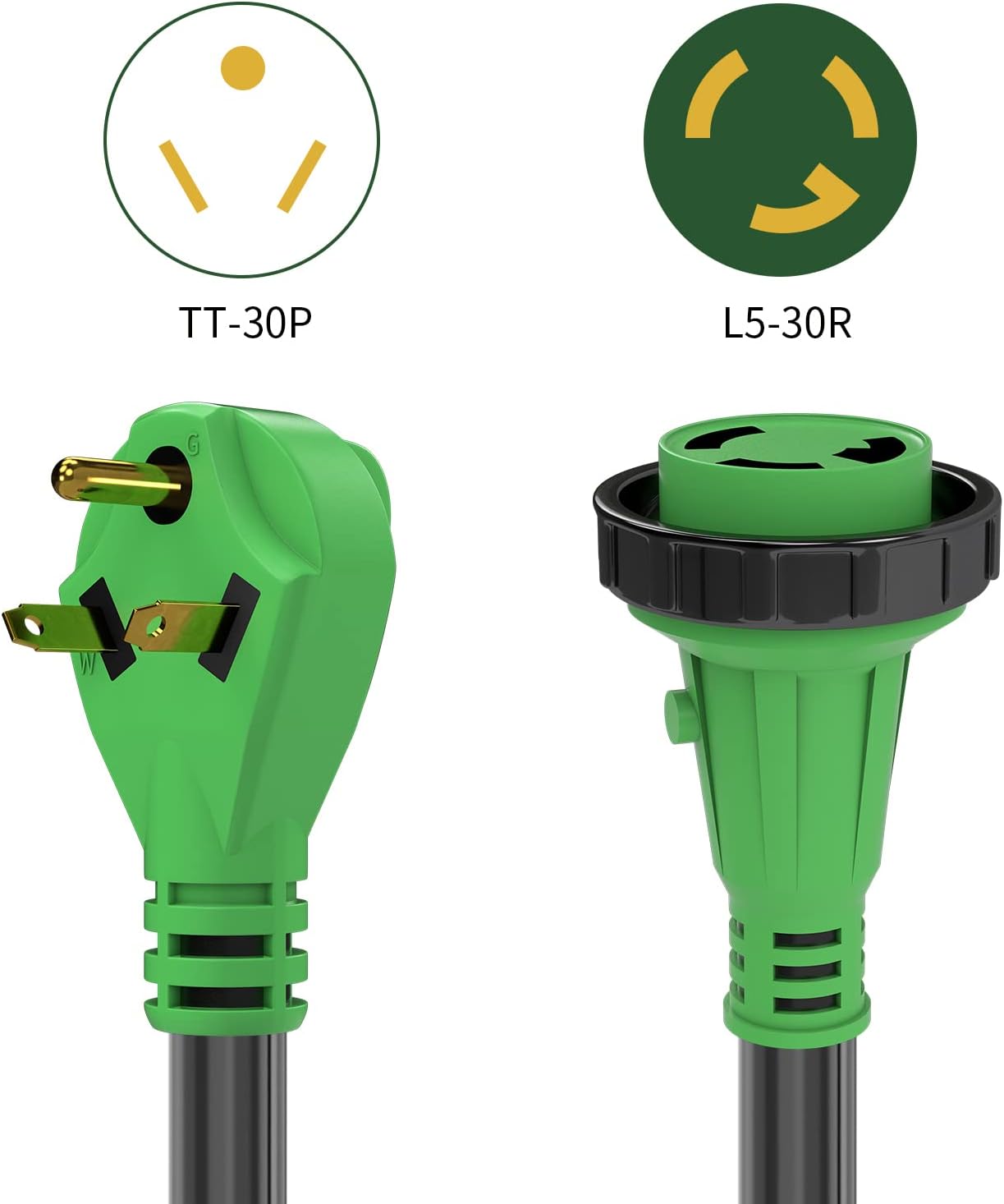 RV Detachable Power Cord 30A 50FT with Polarity LED Indicator, TT-30P Male to L5-30R Locking Female, Storage Bag and Plastic Strap V543