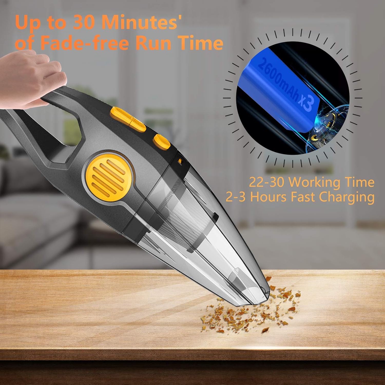 Portable Cordless Handheld Vacuum Cleaner, 150W, 8000PA, Wet & Dry, Grey & Yellow O1611