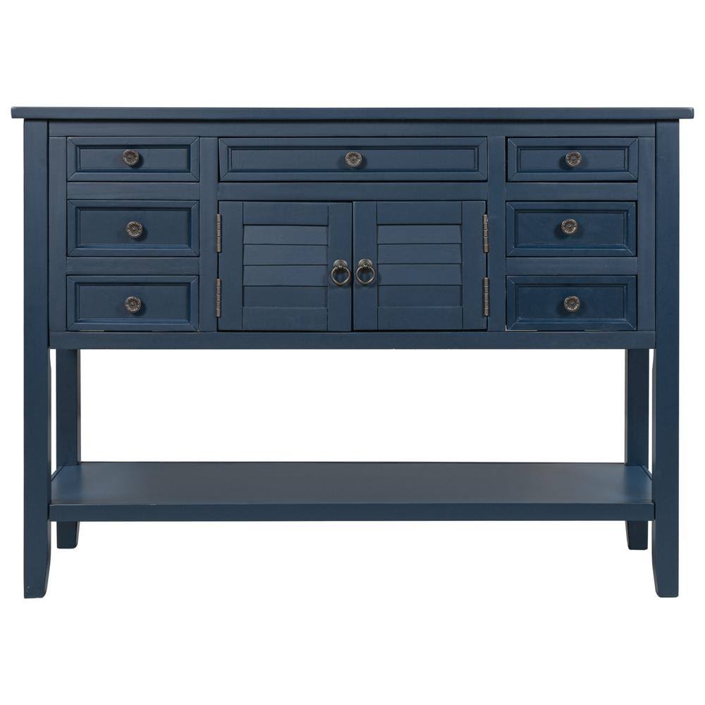 Blue Rectangle Wooden Console Table with 7-Drawers I144