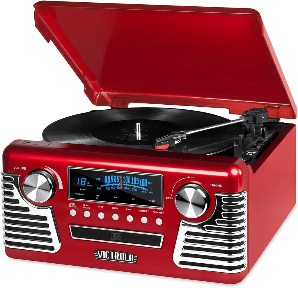 Retro Bluetooth Record Player with Built-in Speakers, 3-Speed Turntable, CD Player, AM/FM Radio, Black I16830