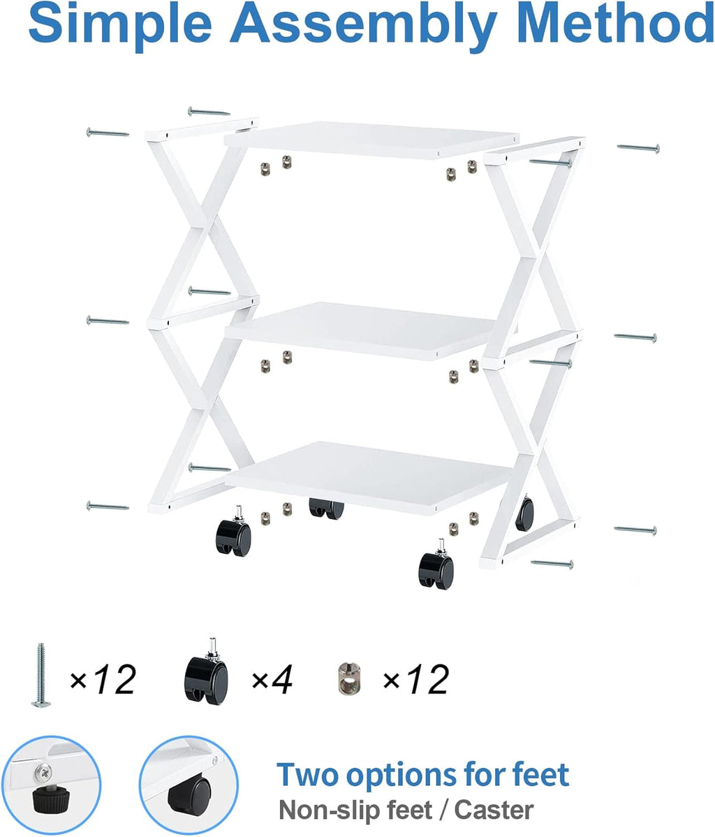 White 3 Tiers Printer Stand Cart with Storage Shelf on Wheels H612710