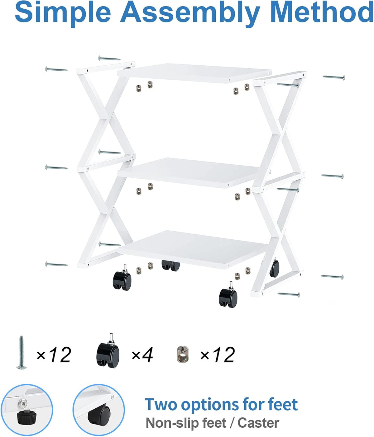 White 3 Tiers Printer Stand Cart with Storage Shelf on Wheels H612710