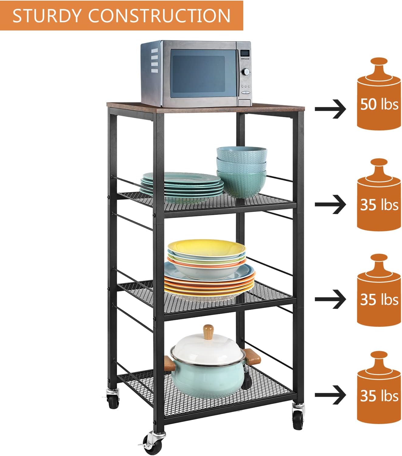 Rustic Brown 4-Tier Rolling Utility Cart with Storage Shelves Z819499