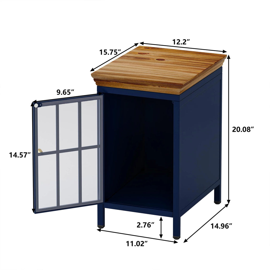 Nightstand with Storage Cabinet & Solid Wood Tabletop, Dark Blue E13761