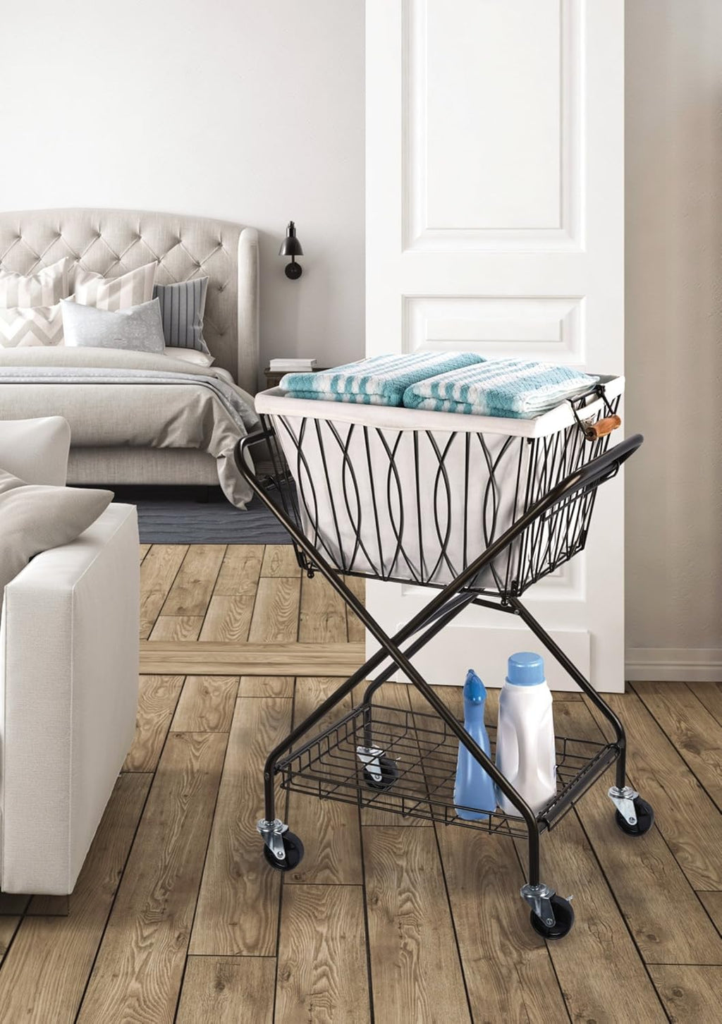Collapsible Metal Laundry Cart with Removable Basket & Canvas Bag, Antique Black J8944