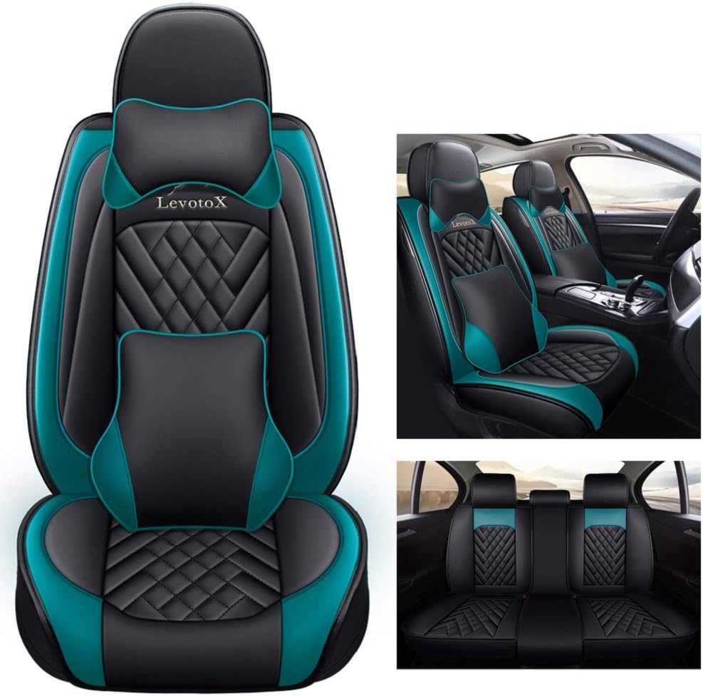 Black-Green Leather Car Seat Covers 5 Seats Full Set L90537