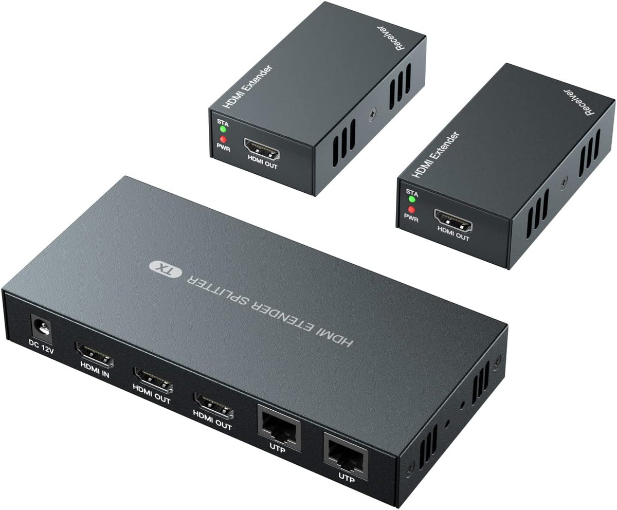 HDMI Extender Splitter 1x2 1080P@60Hz Over Cat 5E/6/7 Ethernet Cable 50m (165ft) 2 HDMI loopout EDID Copy POC Function (1 in 2 Out) W4341