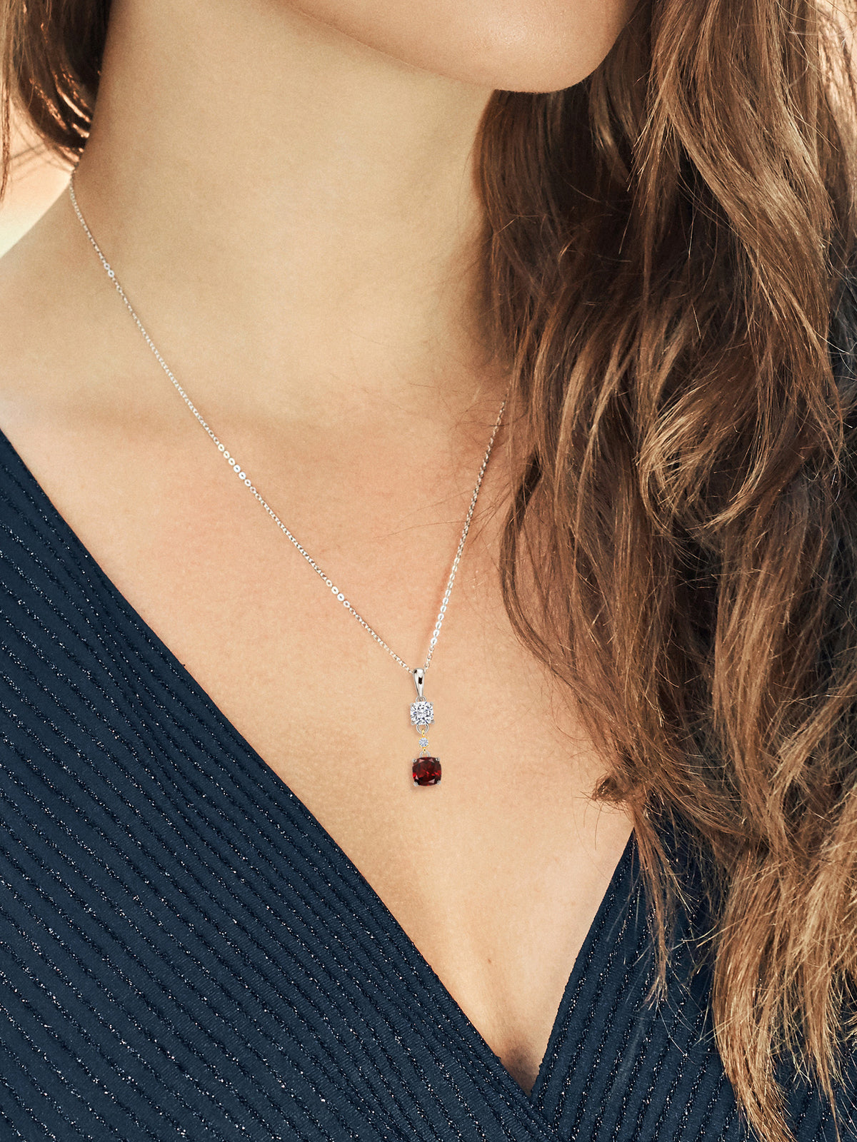 Red Garnet 925 Silver 10K Yellow Gold Pendant with Chain U6459
