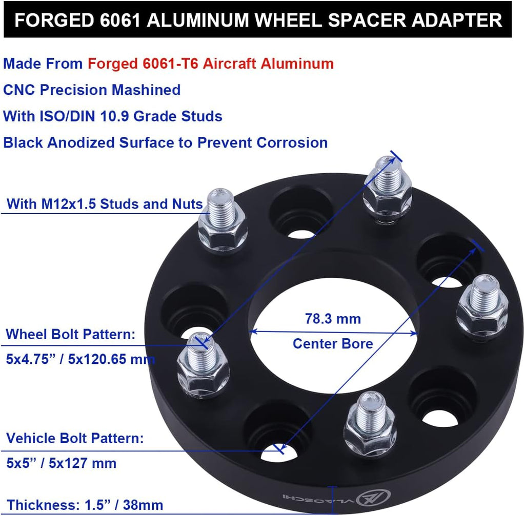 Black Forged 5x5 to 5x4.75 Wheel Adapters 1.5 Inch with 12x1.5 Studs Pack of 4 K131