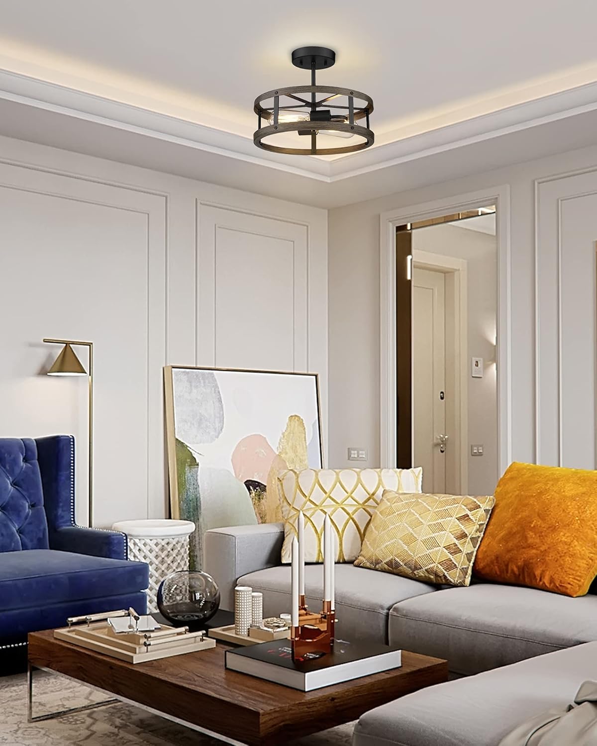 Farmhouse Semi Flush Mount Ceiling Lighting, 2-Light Metal Cage, 13 inches, Wood Grain and Matte Black Finish P998984