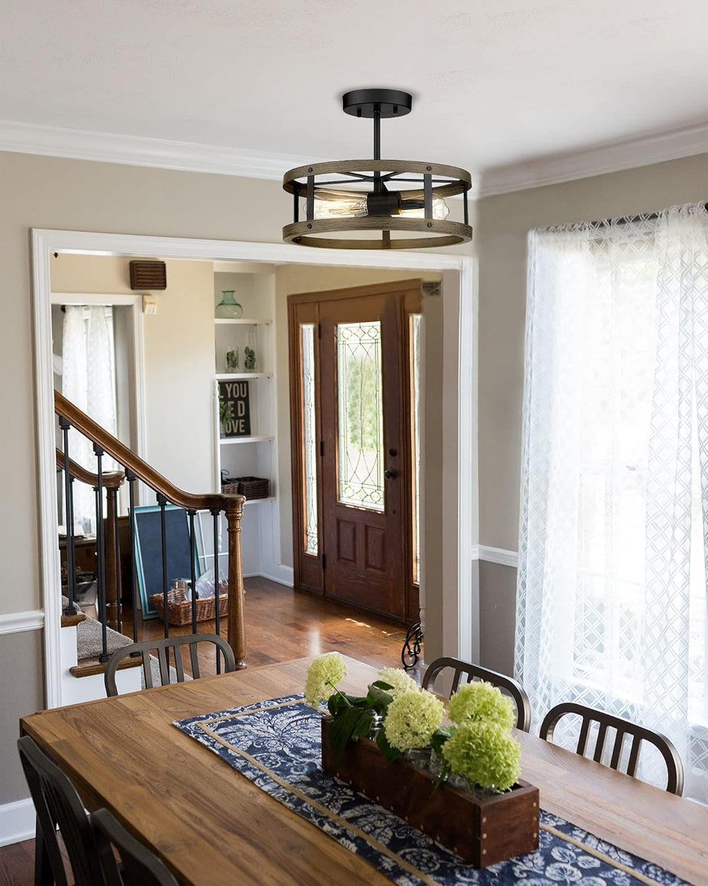 Farmhouse Semi Flush Mount Ceiling Lighting, 2-Light Metal Cage, 13 inches, Wood Grain and Matte Black Finish P998984