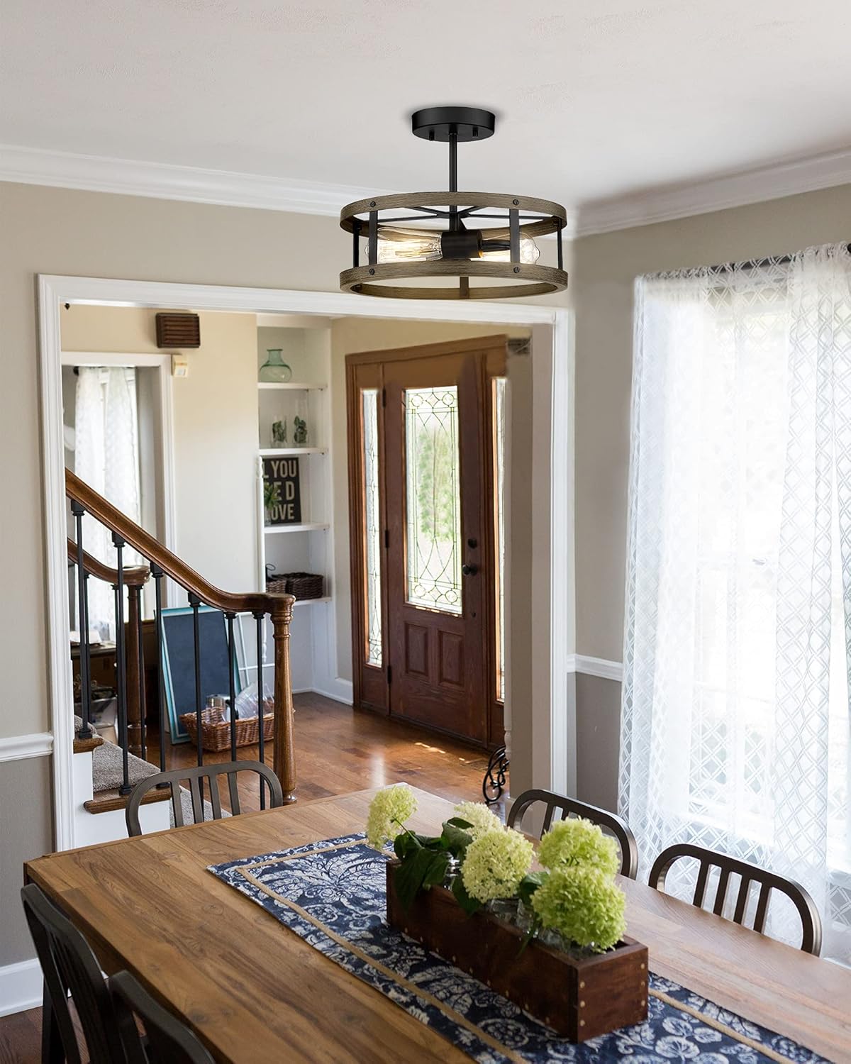 Farmhouse Semi Flush Mount Ceiling Lighting, 2-Light Metal Cage, 13 inches, Wood Grain and Matte Black Finish P998984