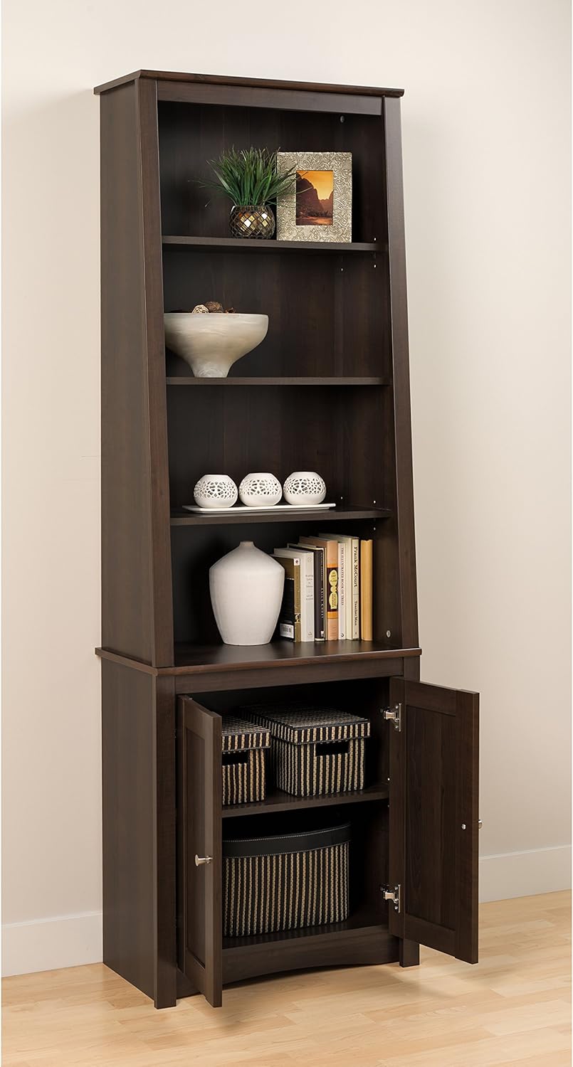 Espresso Tall Slant-Back Bookcase with 2 Shaker Doors W254