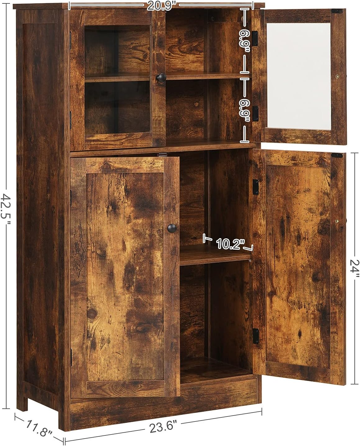Rustic Brown Freestanding Bathroom Floor Storage Cabinet with Glass Door and Adjustable Shelf A72651