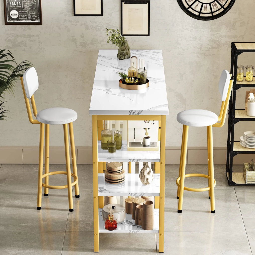 White Gold Bar Table Set with 2 PU Upholstered Stools and 4 Storage Shelves W191