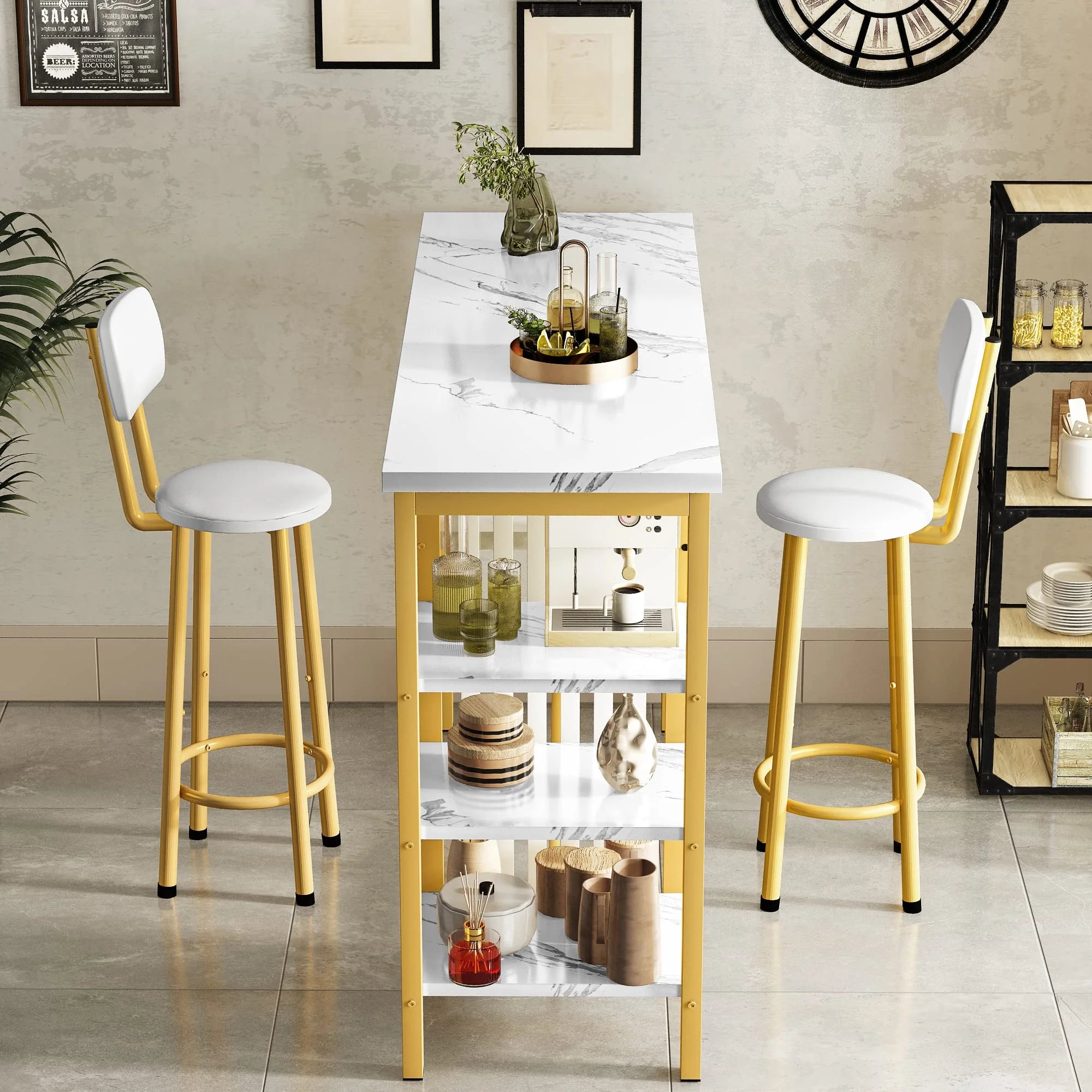 White Gold Bar Table Set with 2 PU Upholstered Stools and 4 Storage Shelves W191