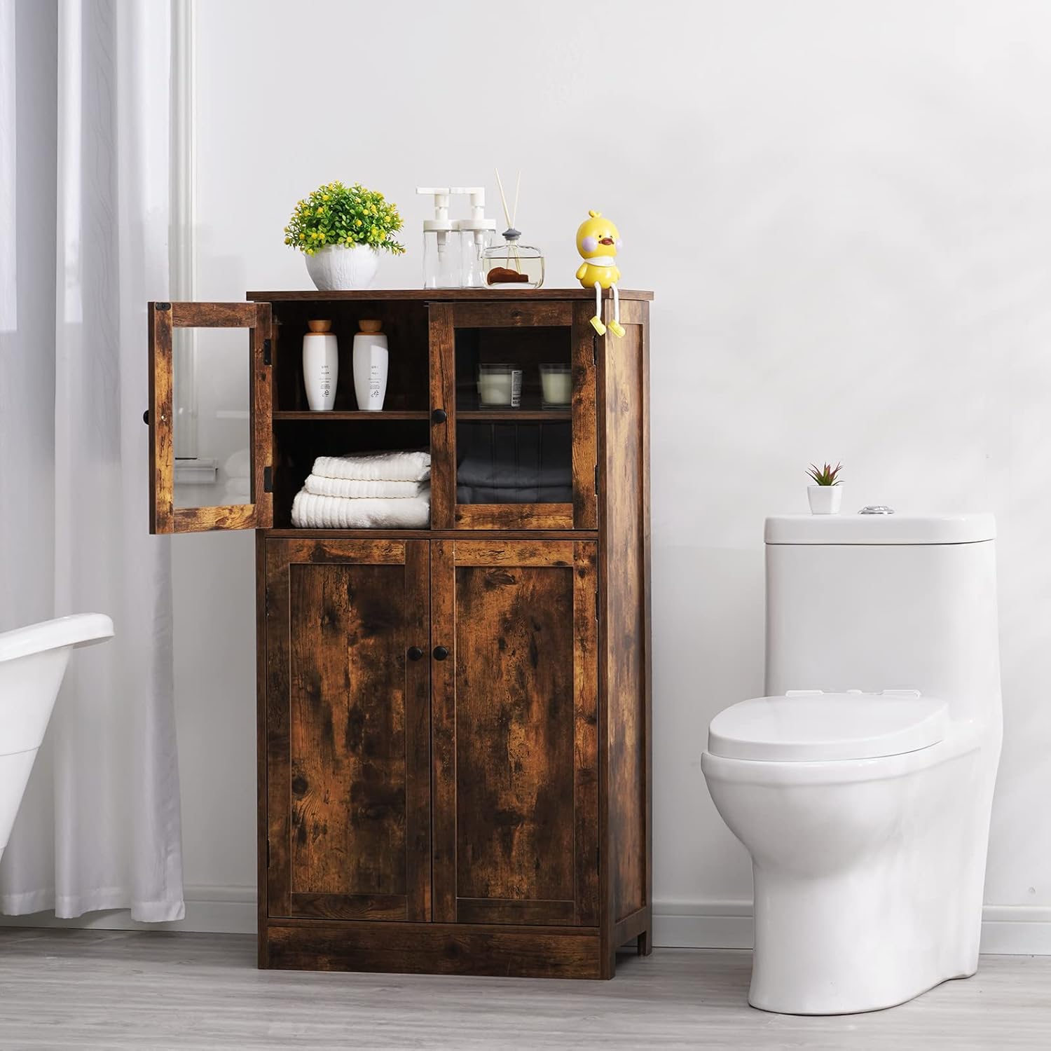 Rustic Brown Freestanding Bathroom Floor Storage Cabinet with Glass Door and Adjustable Shelf A72651
