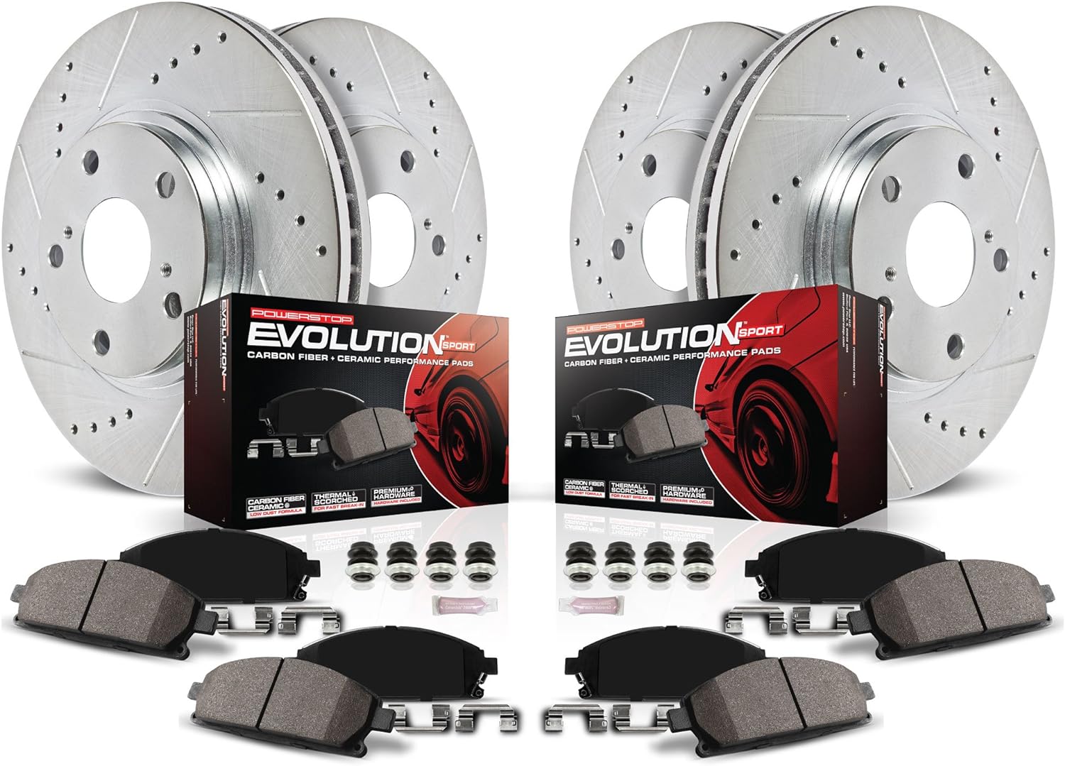 Front and Rear Carbon Fiber Brake Pads with Drilled & Slotted Brake Rotors Kit W11433