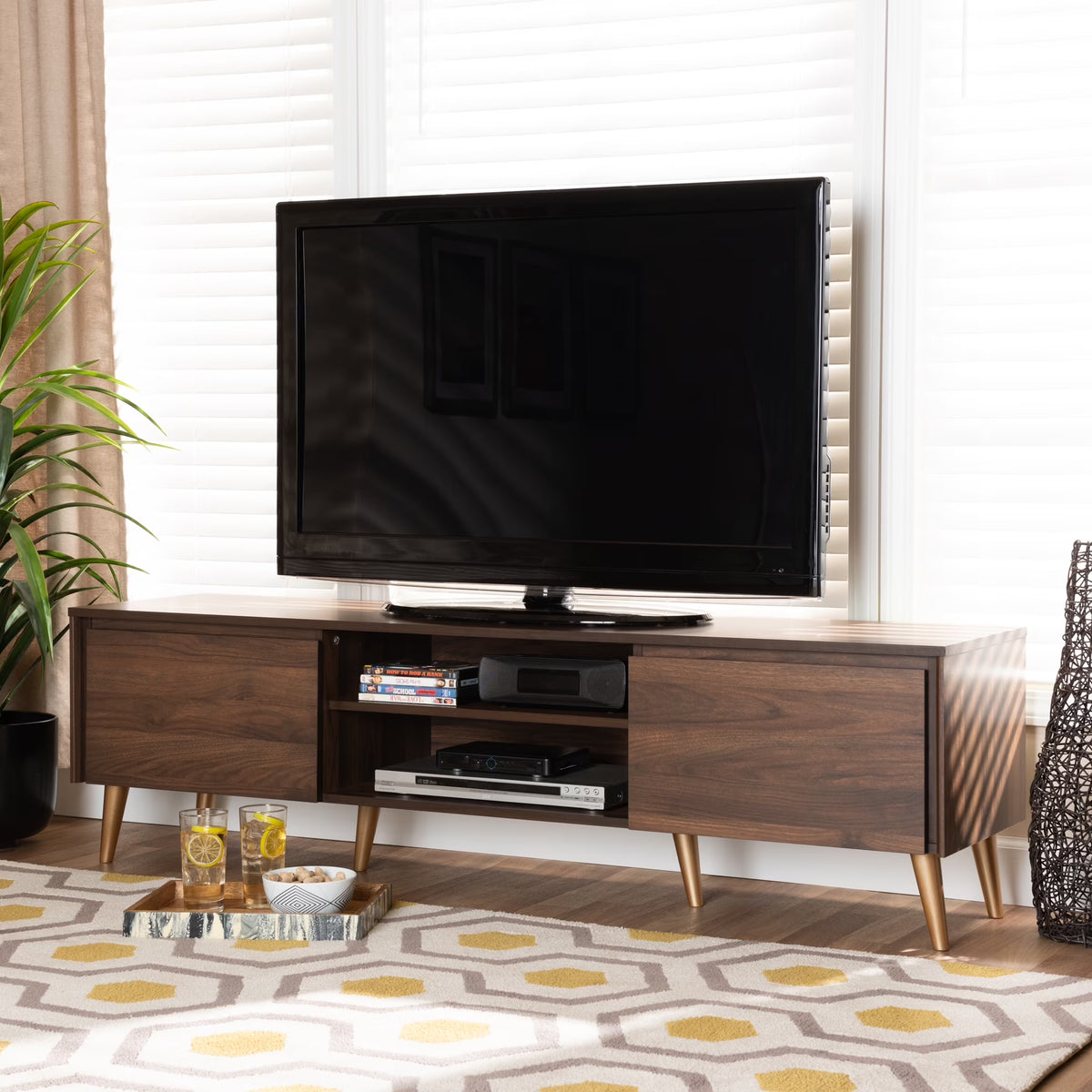 Walnut Brown and Gold Finished Wood TV Stand U266050