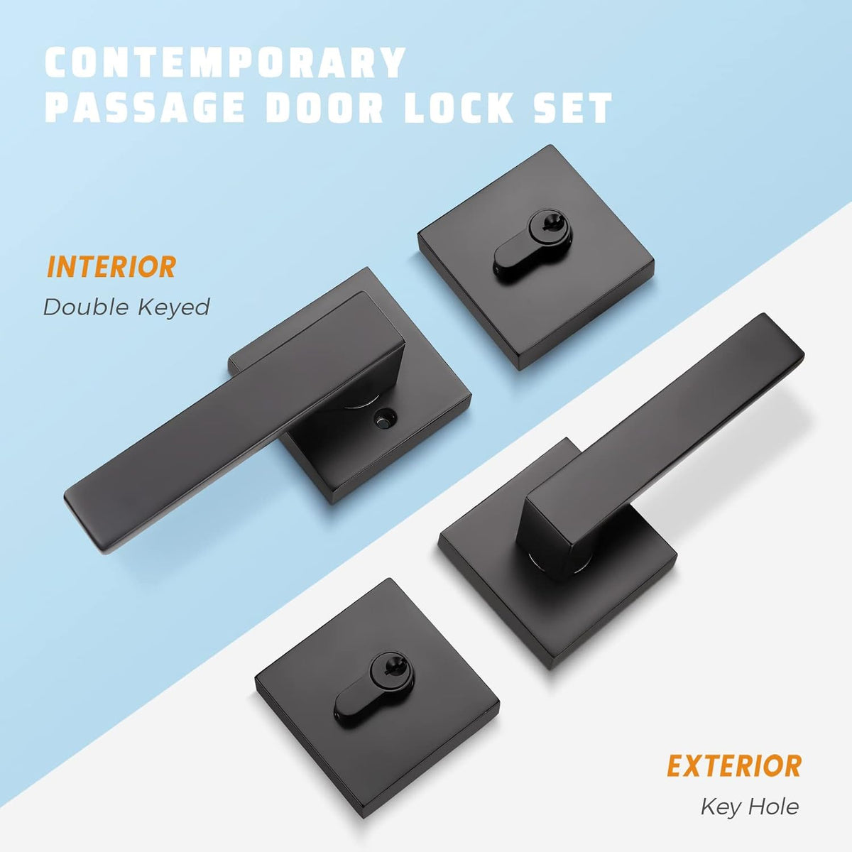 6 Pack Square Matte Black Door Handle Set with Double Keyed Deadbolt H90397