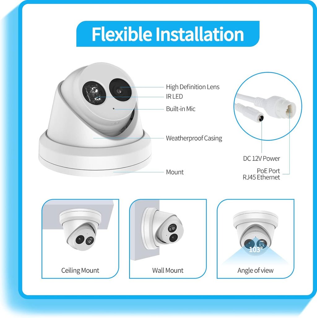 4K PoE Turret IP Camera with 2.8mm Lens, Night Vision, IP67 Waterproof V80958