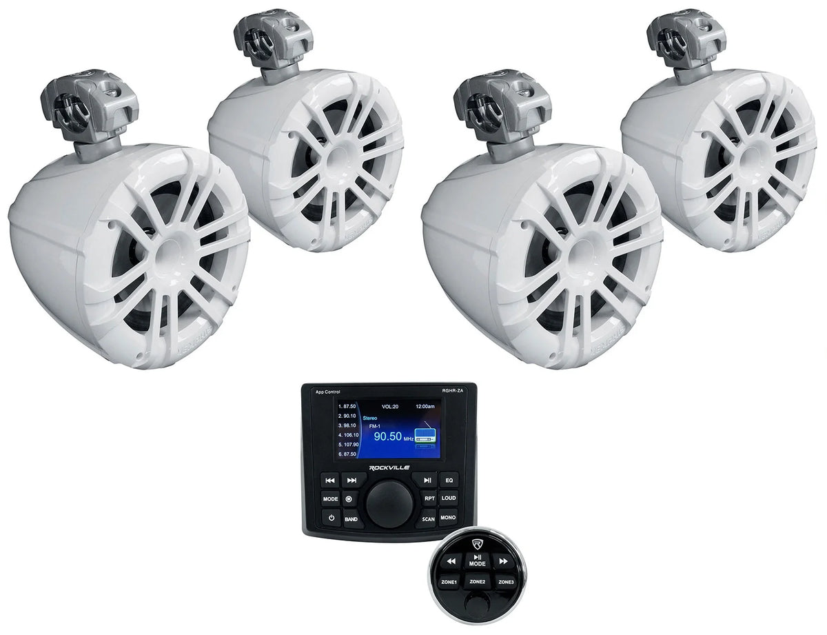 White 8" Marine Wakeboard Tower Speakers with 4-Zone Boat Receiver M1563