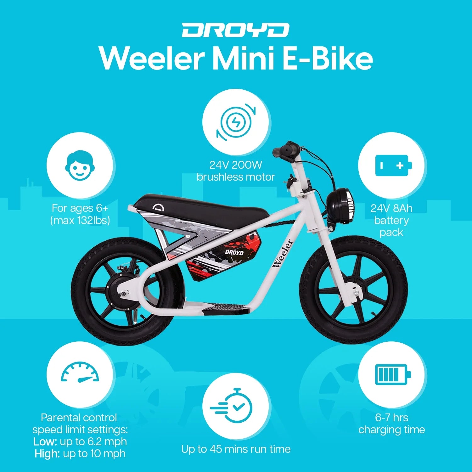 Electric Mini Bike for Kids, 200W, 6.2-10MPH, up to 8 Miles, White C498463