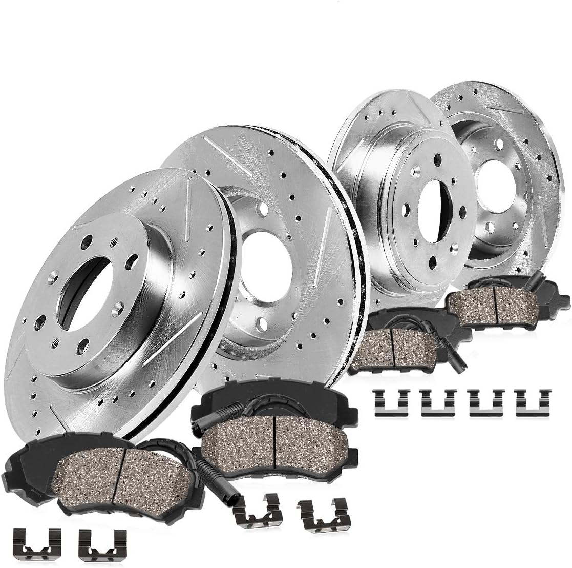 4 Lug Brake Rotors and Brake Pads with Clips and Sensors R663