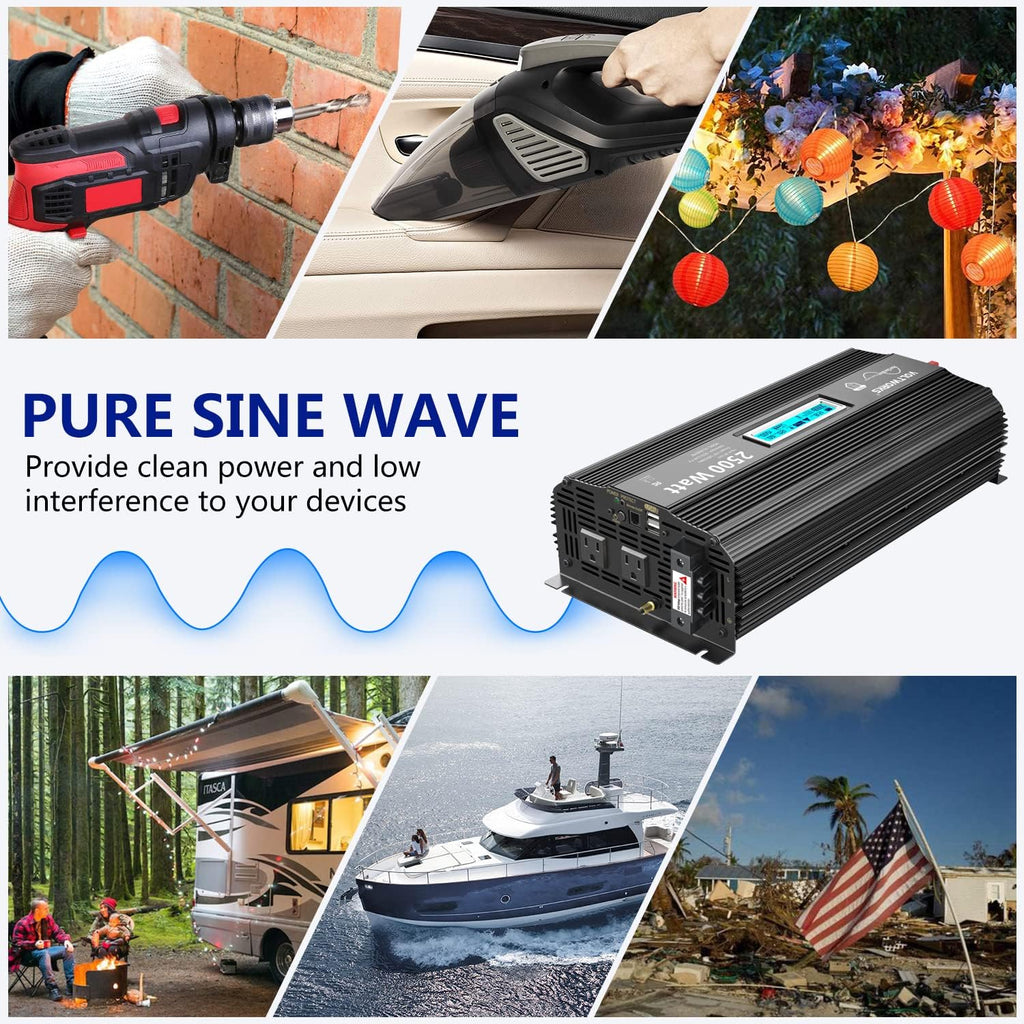 2500 Watt Car Power Inverter DC 12V to 110V-120V AC with LCD Display 2 AC Outlets 2 USB Ports V776776